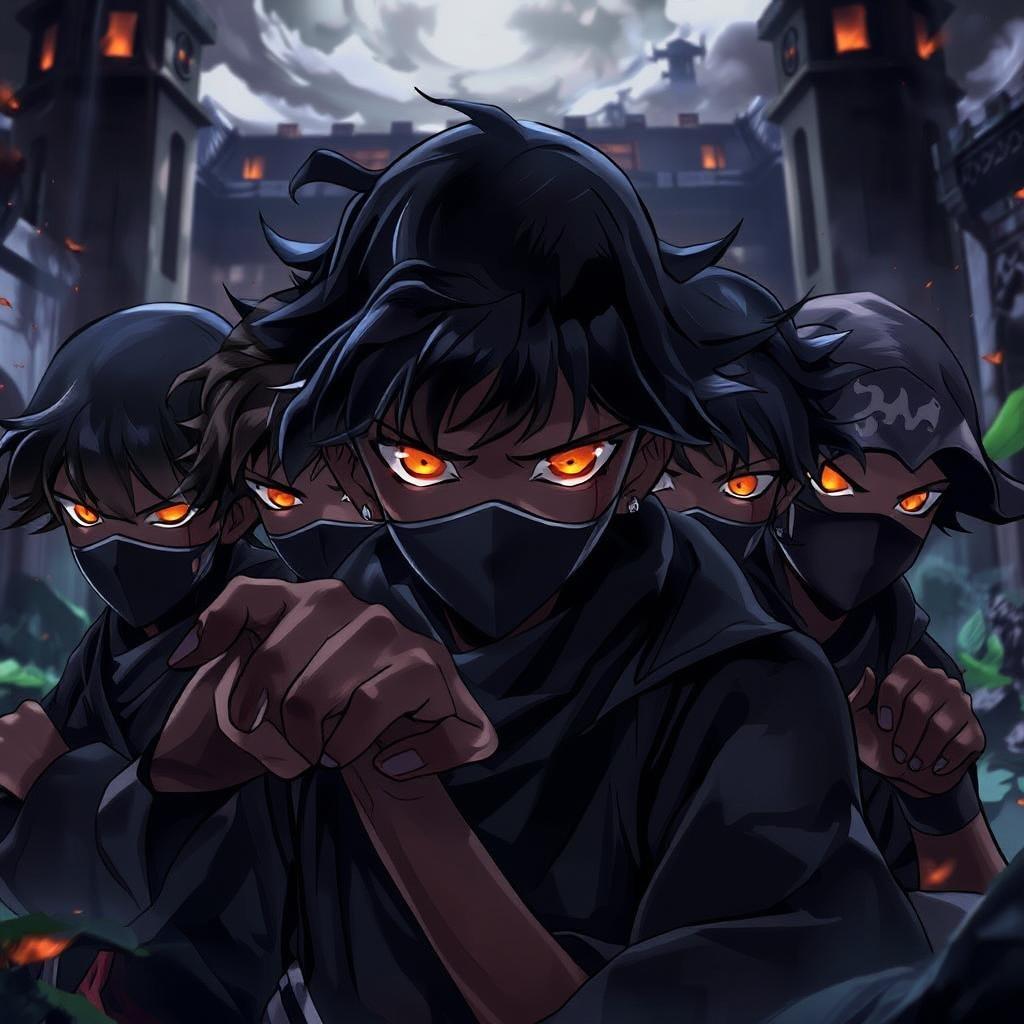 Get ready for a thrilling anime adventure with these stealthy ninjas sneaking through a mysterious castle. Their vibrant orange eyes are fixed on the viewer, adding an air of intensity to the scene.