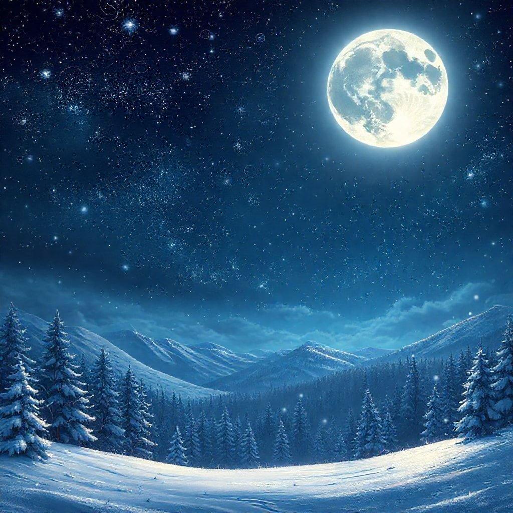 A serene winter scene under the stars, perfect for the holiday season.