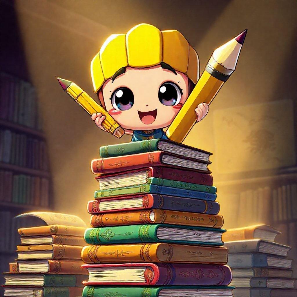 Bubbly animated character celebrating the joy of reading and learning.