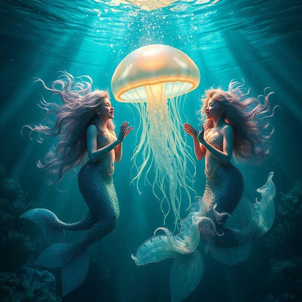 Two mermaids share a moment beneath the sea, with one playfully offering a jellyfish friend to the other. The deep blue ocean surrounds them, hinting at their underwater world.