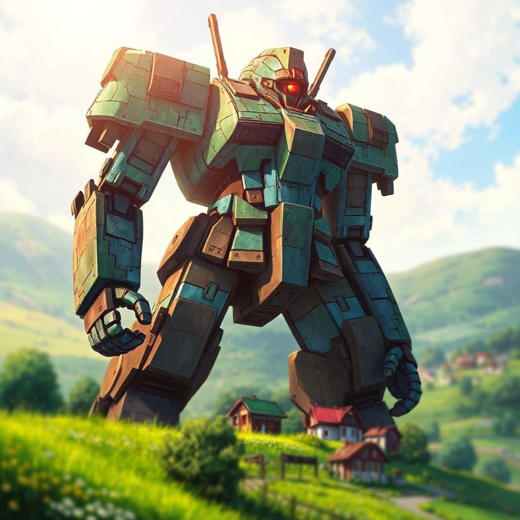 A stunning anime illustration of a giant robot guarding a peaceful village, its body a mess of green and brown, with a glowing red eye. The robot's armor, a kaleidoscope of blue and green, adds a whimsical touch to the scene. The illustration captures a peaceful moment in time, with a blurred background, highlighting the robot as the focal point.