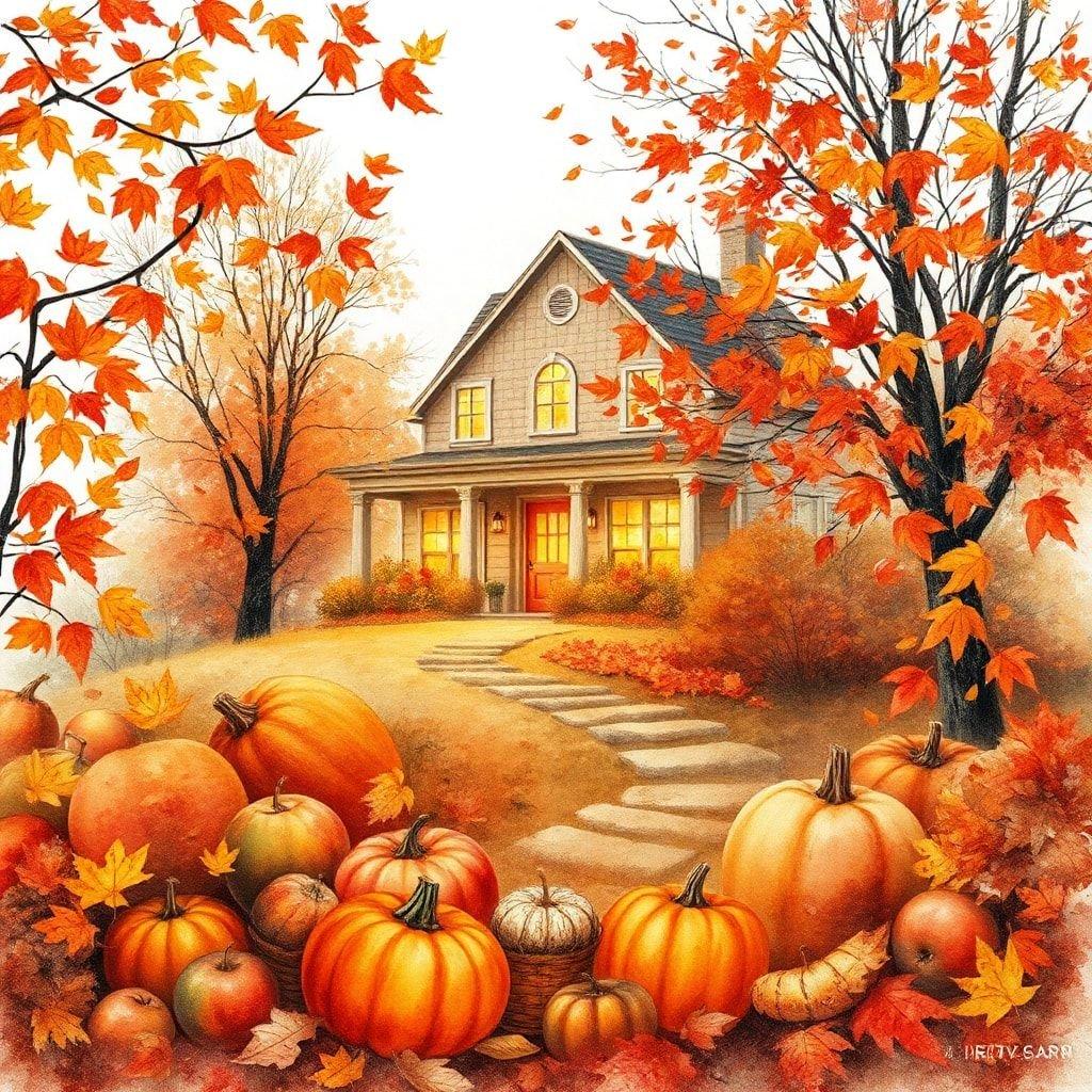 This festive autumn scene captures the essence of Thanksgiving with a cozy home nestled among fall foliage, surrounded by pumpkins and vibrant maple leaves.