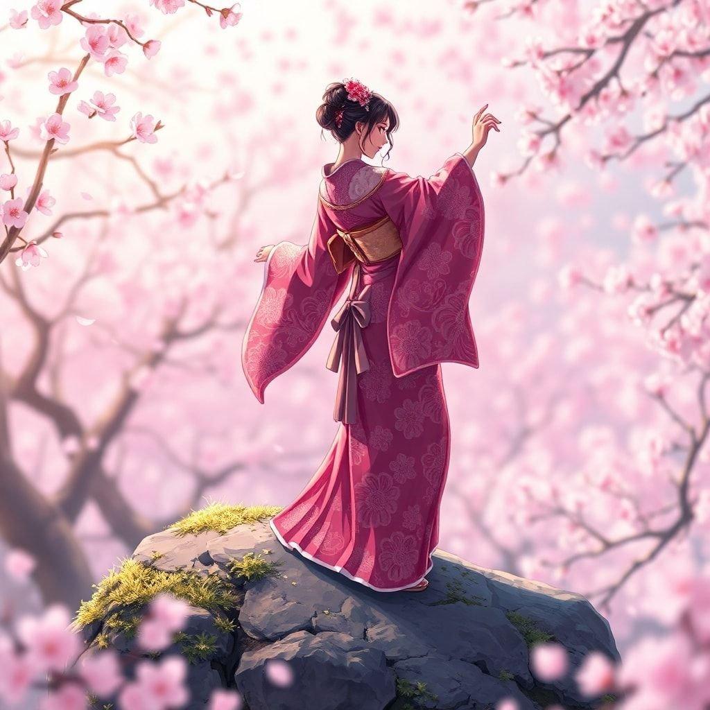 Uma cena serena de uma geisha de anime dançando em um deslumbrante quimono rosa, com um fundo de flores de cerejeira.