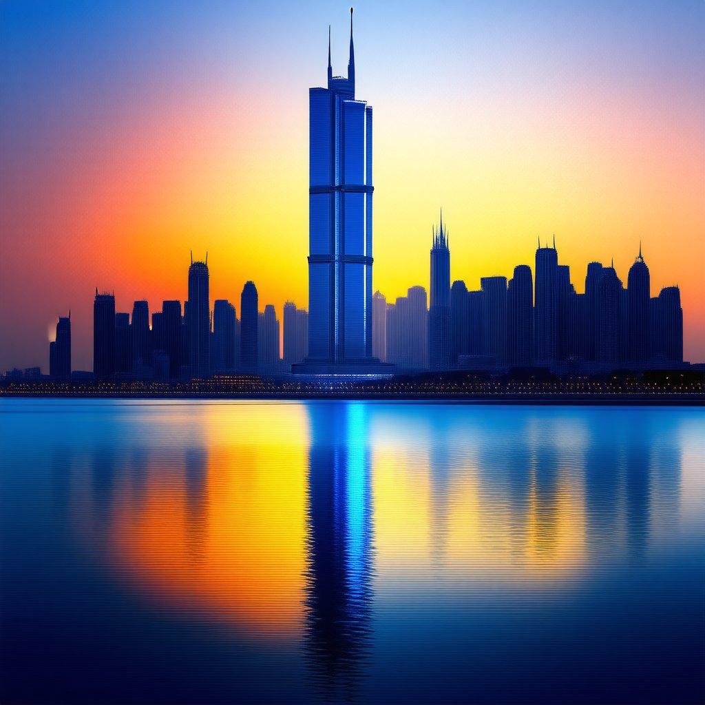 Denne fantastiske Dubai bylandskab baggrund viser den ikoniske Burj Khalifa, verdens højeste bygning, mod en betagende solnedgang. Billedet fanger essensen af moderne arkitektur og byudvikling, hvilket gør det til et perfekt valg for dem, der værdsætter skønheden i bylandskaber.