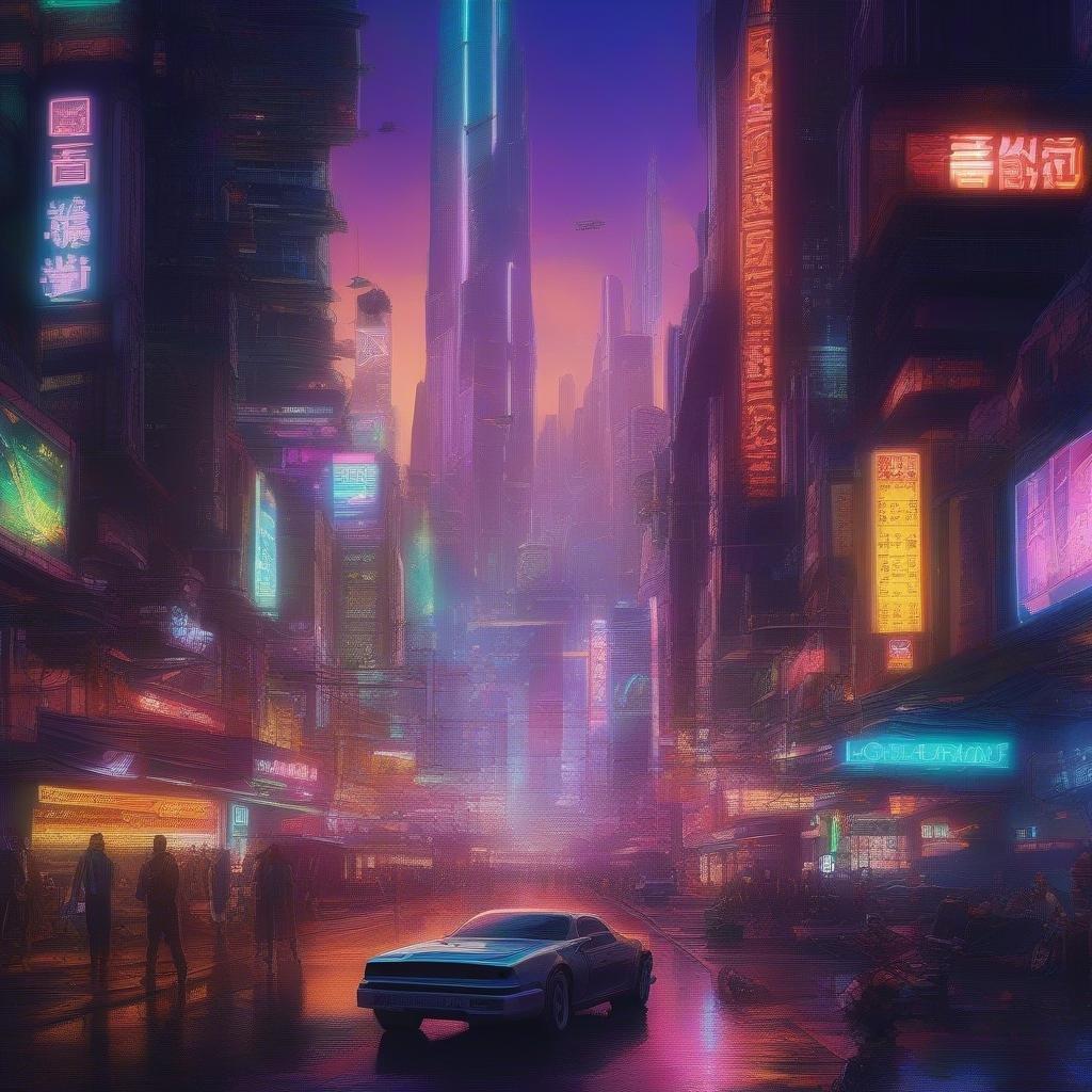 Slip into the cyberpunk dream with a city that glows in hues of electric neon. Amidst rain-soaked streets, a sleek car adds a touch of modern glamour to this futuristic fantasy.