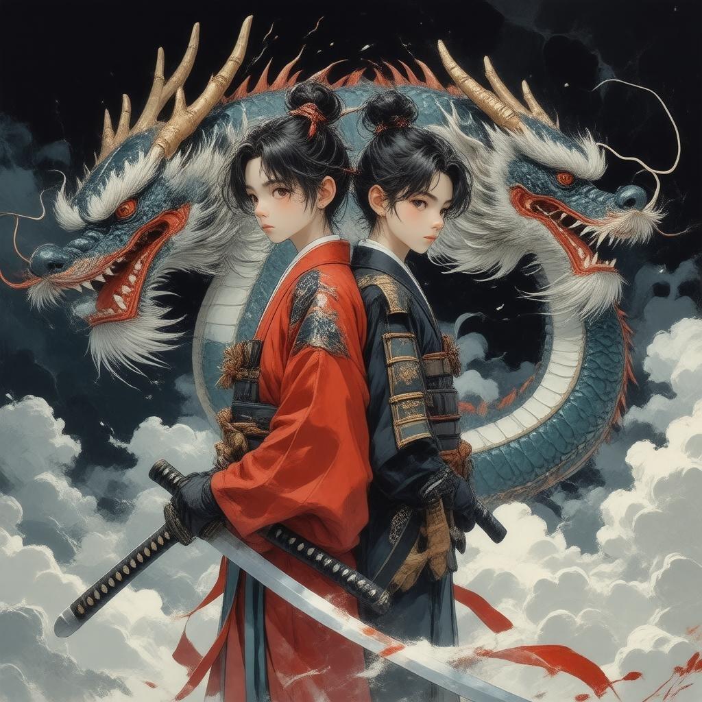 Denne fængslende anime-illustration viser en ung samurai, der står ryg mod ryg med en majestætisk drage, sat mod en dramatisk mørk, skyet himmel.