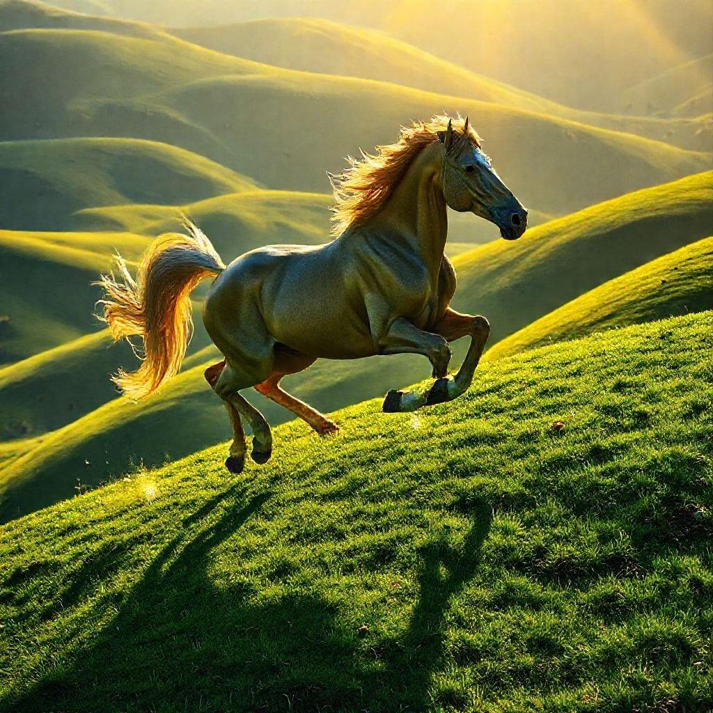 This wallpaper features a majestic fantasy horse galloping through a lush green field, capturing the essence of freedom and imagination.