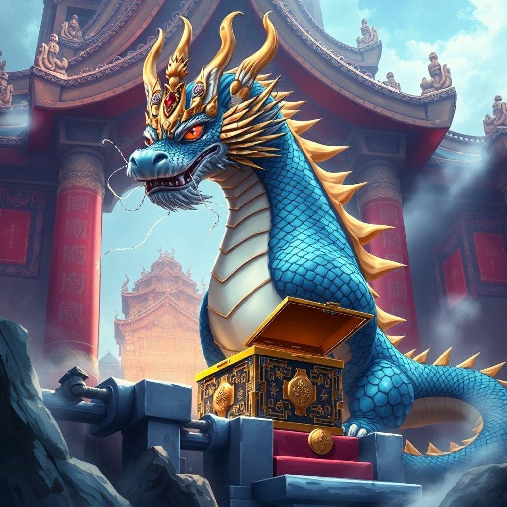 In an ancient temple, a majestic dragon with gold and blue scales stands guard over a hidden treasure. The intricate details of the temple contrast with the vibrant hues of the dragon's attire, creating a scene that is both mysterious and inviting.