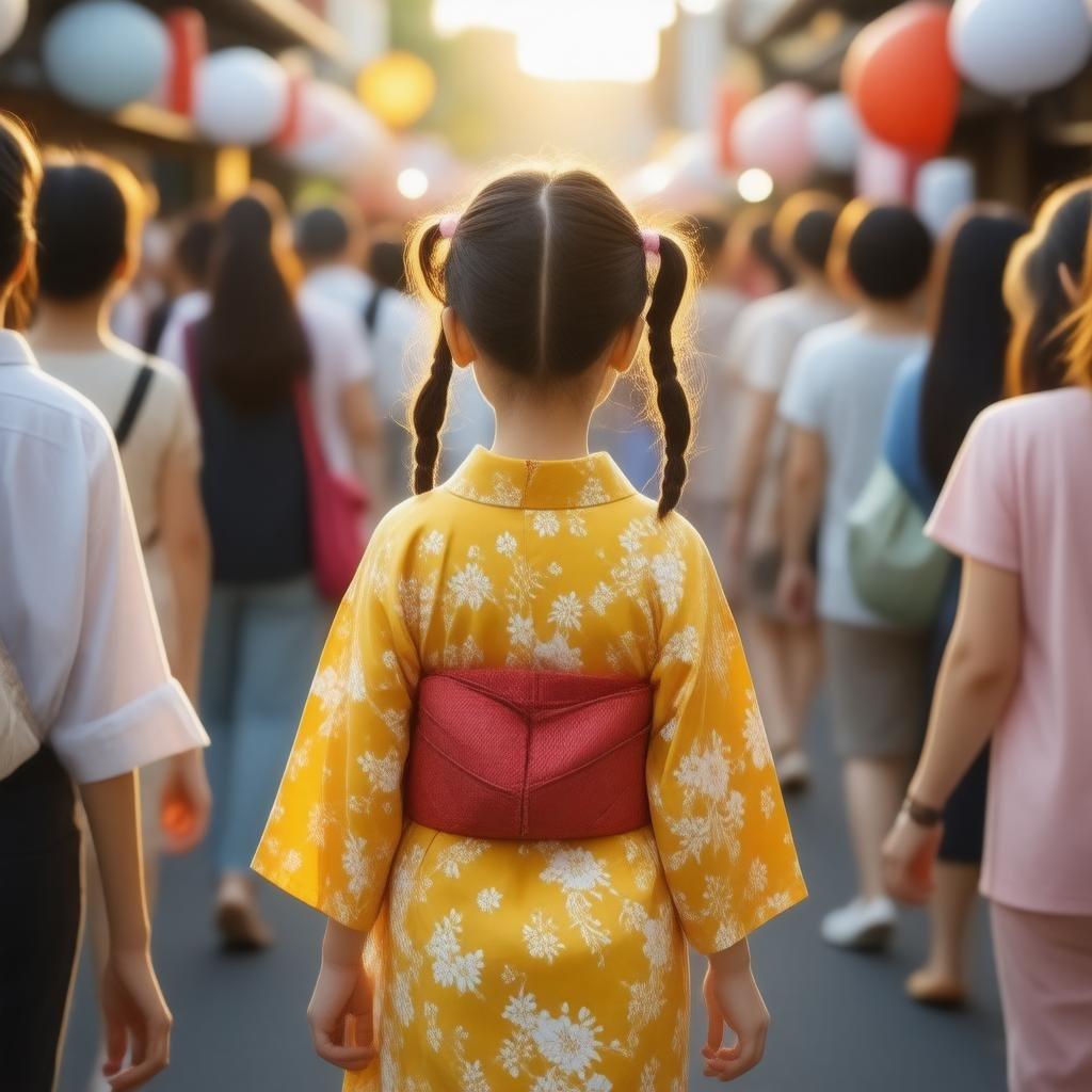 夕日の温かい光に照らされた人々の群れの中を歩く、鮮やかな黄色の浴衣を着た若い女の子をフィーチャーした穏やかな夏祭りのシーン。