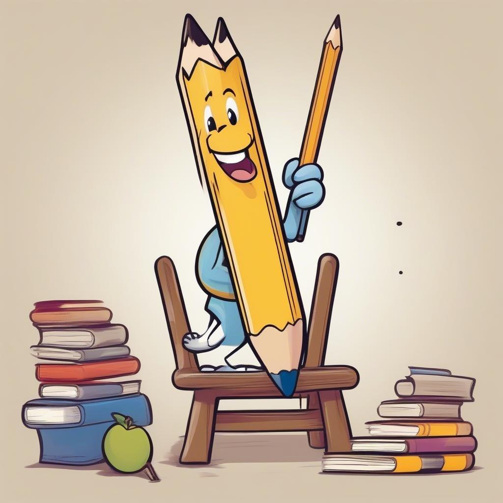 A cartoon pencil character with an animated expression, sitting on a stack of books, ready for the school year.