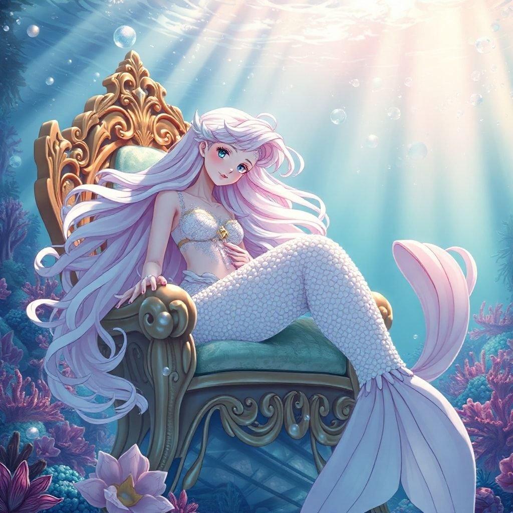 This enchanting anime illustration features a delicate mermaid princess sitting regally on a throne made of pearls, surrounded by an underwater scene with a soft, ethereal glow.