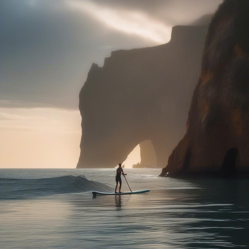 Ön planda bir adamın paddleboarding yaptığı sakin bir okyanus gün batımı, büyük bir kaya oluşumu ve bulutlu bir gökyüzü arka planında.