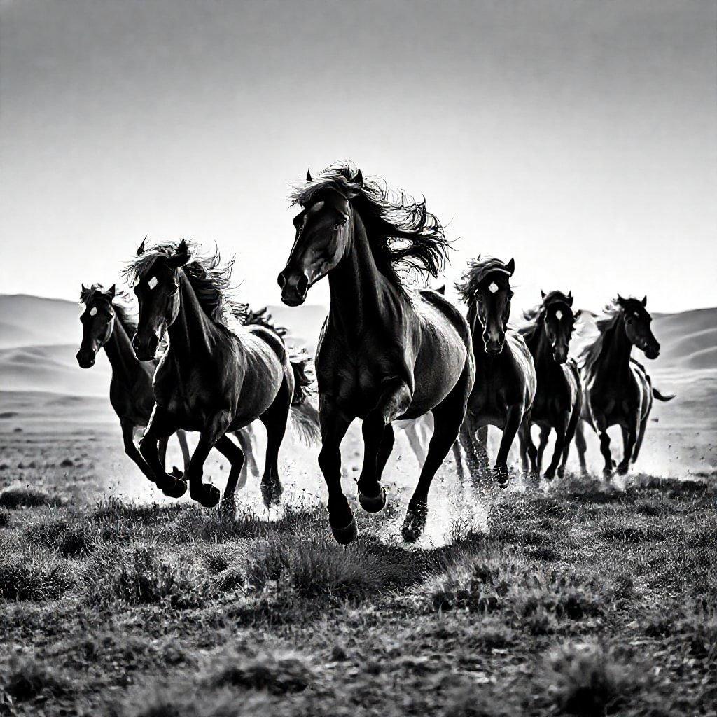 Esta foto em preto e branco captura a essência dos cavalos selvagens galopando por uma paisagem desértica. O movimento dinâmico está congelado, mostrando o poder e a graça dessas majestosas criaturas contra o fundo árido.