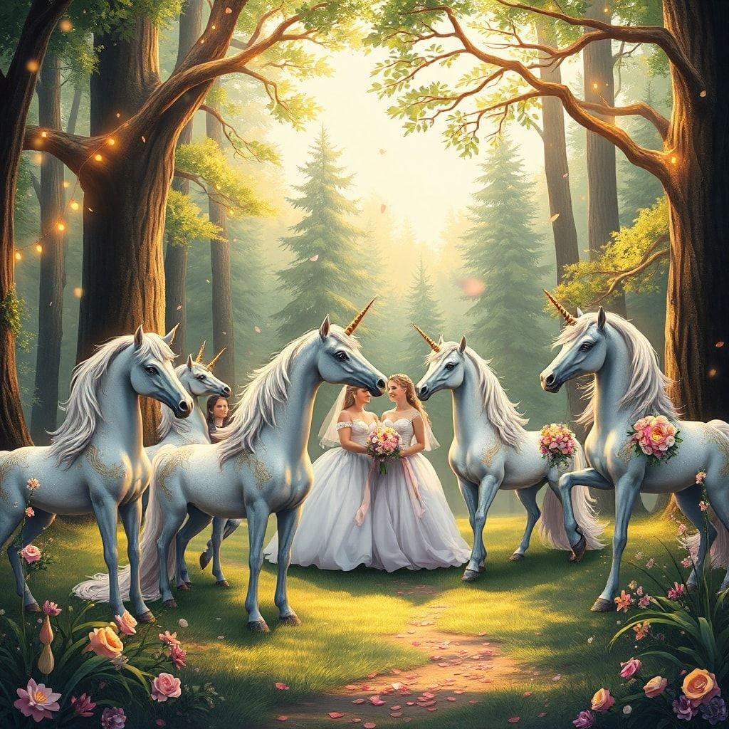 In a fairy tale forest, a bride and groom share a tender moment surrounded by majestic unicorns.