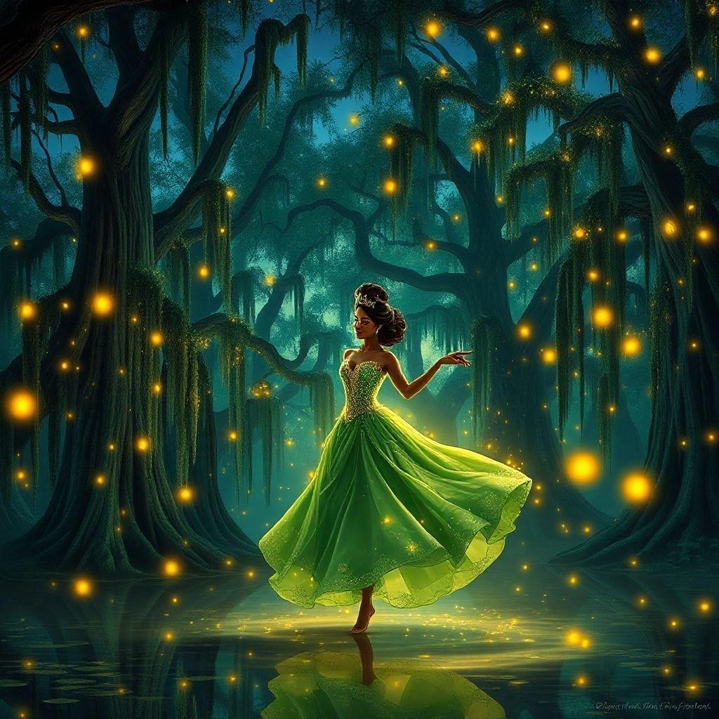 Step into the magical world of Disney's 'The Princess and the Frog' with this stunning wallpaper featuring Princess Tiana standing in a mystical swamp, surrounded by fireflies and Spanish moss. The image showcases the beauty and wonder of the Disney character in a unique and captivating way.