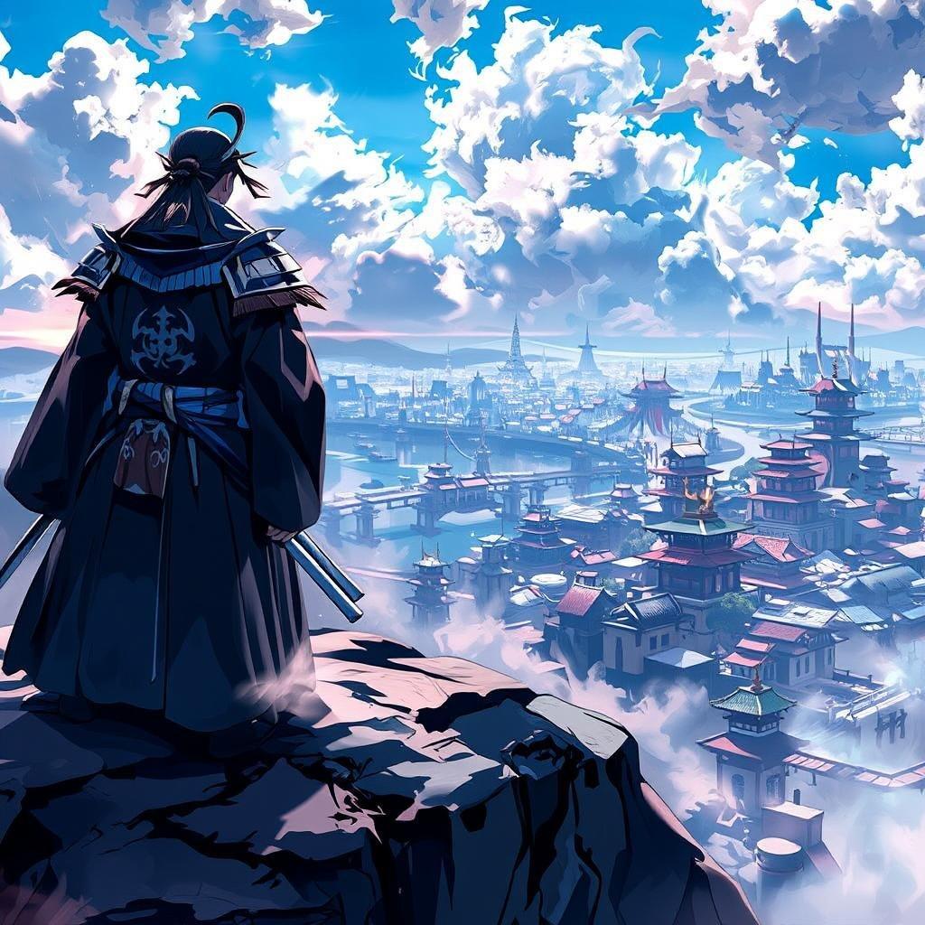 A serene anime illustration of a samurai standing on a cliff, overlooking a city of floating islands. The central figure, clad in black and white, is surrounded by a vibrant blue sky, while the distant islands add depth. The illustration captures a moment of tranquility, focusing on the samurai's regal presence and the intricate details of the city's architecture.