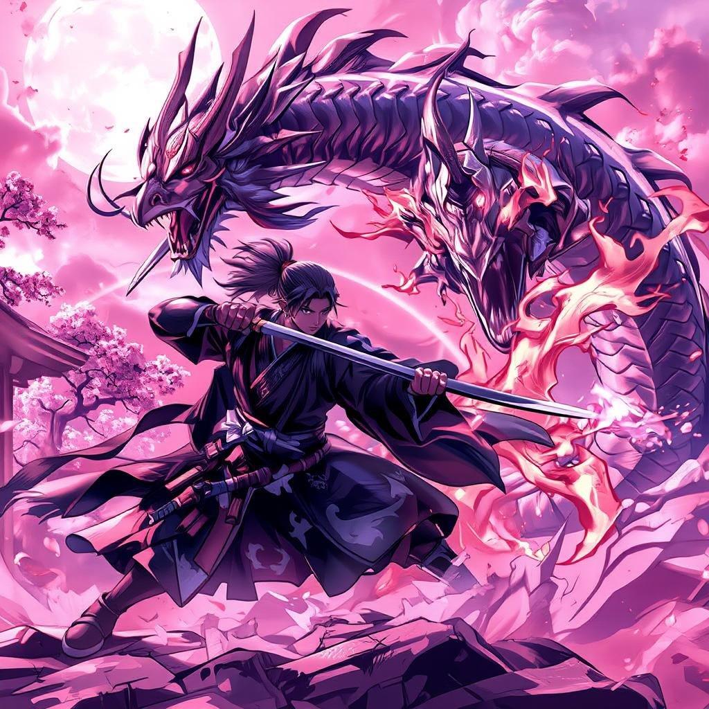 This anime wallpaper depicts a powerful samurai in black and white, facing off against a cosmic dragon with flaming horns. The scene is set against a backdrop of cherry blossoms under a pink and purple sky, creating a stark contrast between the hero's calm determination and the dragon's fiery aggression. The art style is detailed and vibrant, capturing the intensity of the battle while maintaining an ethereal beauty.