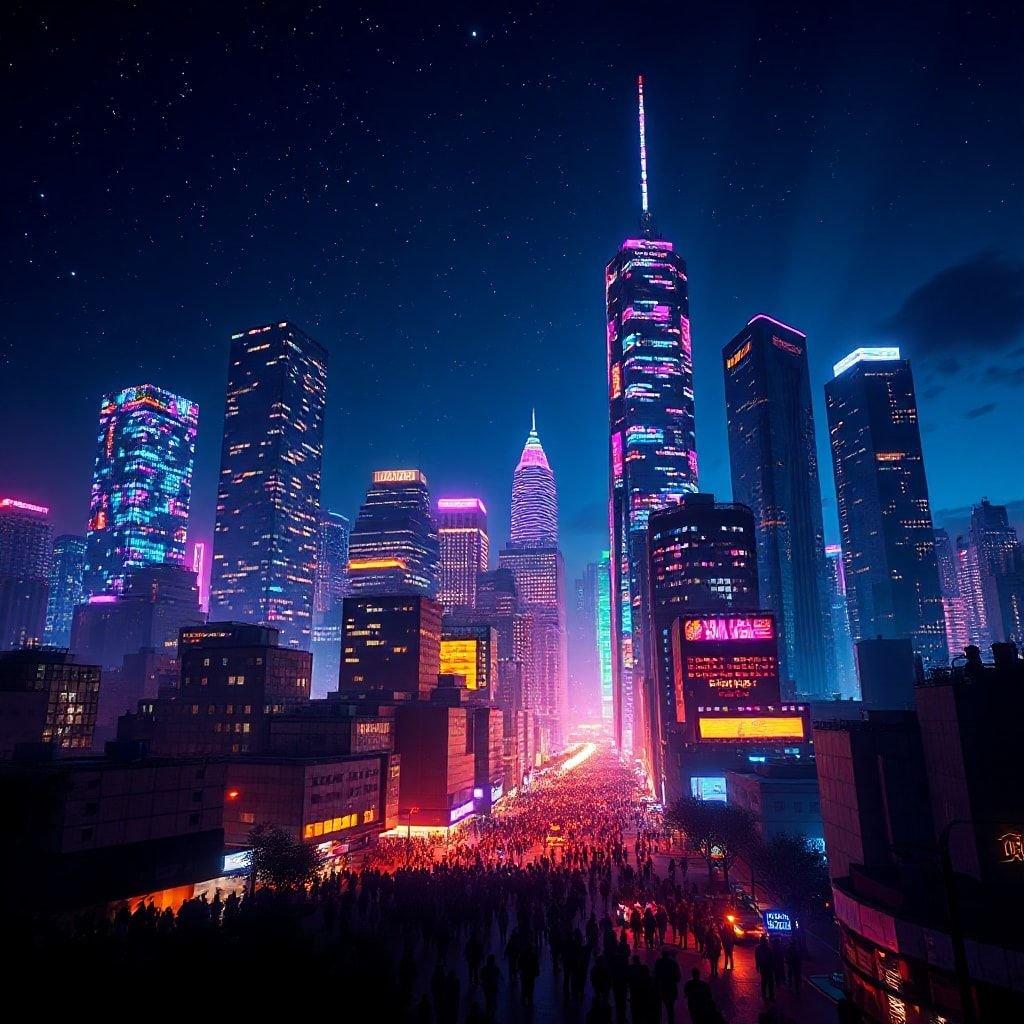 A vibrant urban scene with colorful lights illuminating the towering city skyscrapers, creating a lively atmosphere for gaming and exploration.