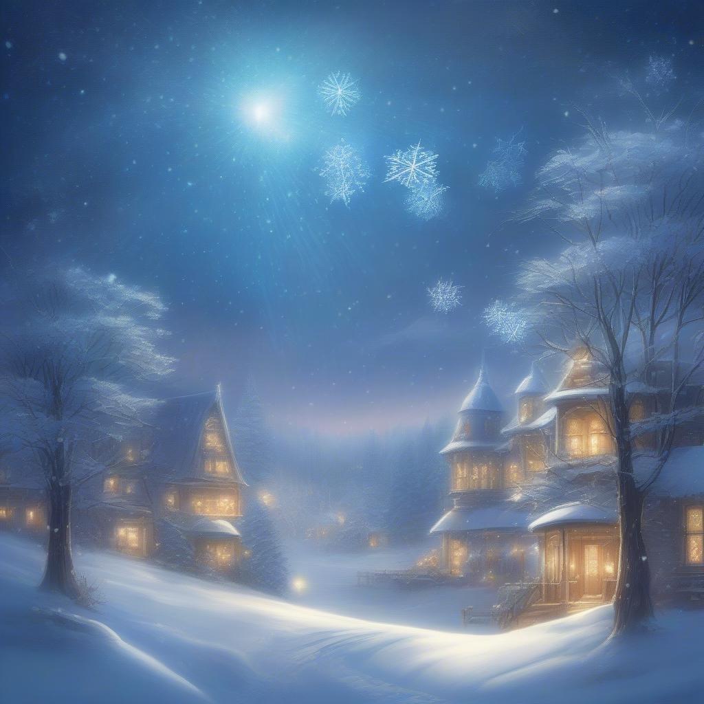 A magical village on a snowy night, adorned with festive holiday lights.