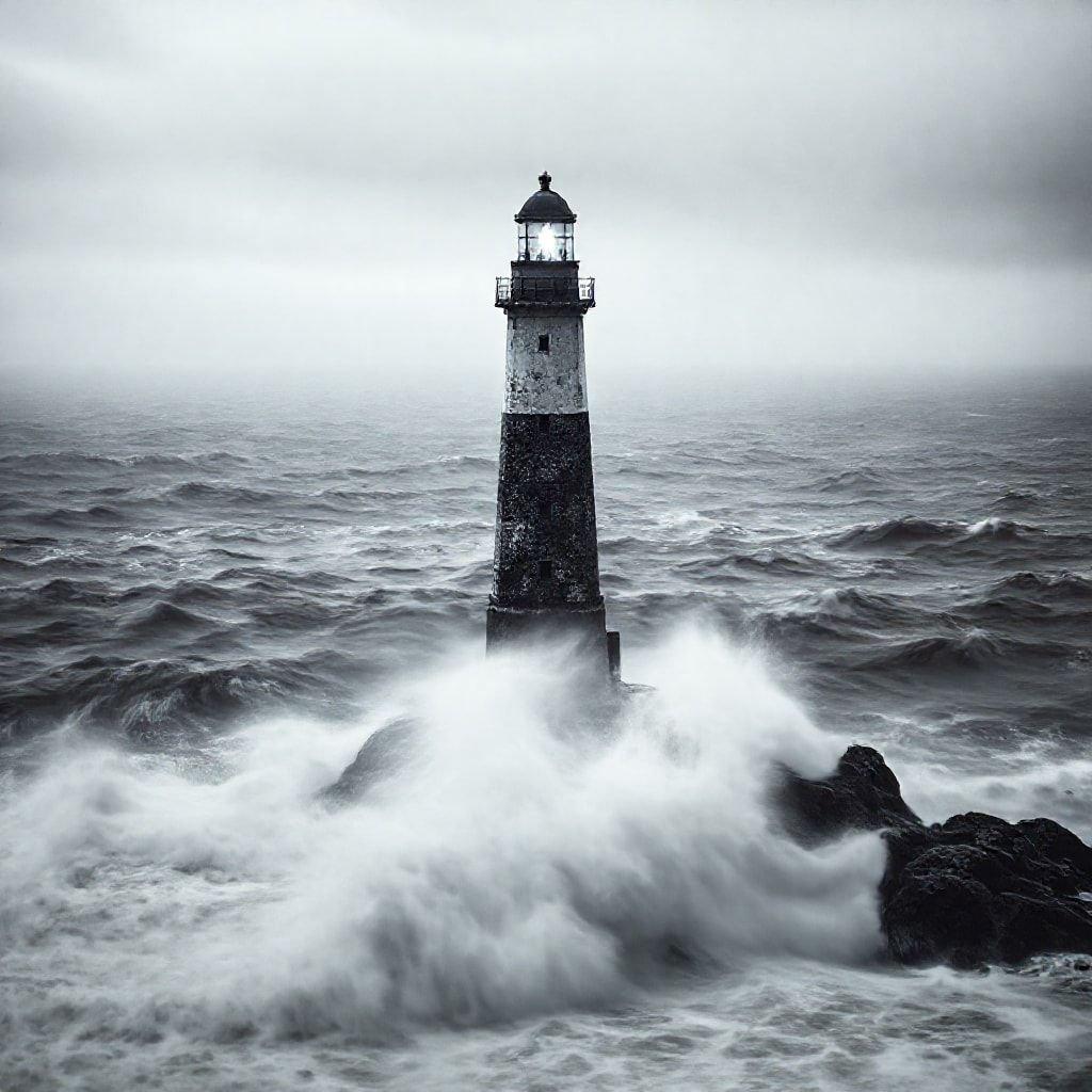 Casual, atmospheric black and white photograph featuring a lighthouse amidst rough seas. This image evokes the timelessness and serene strength of these iconic structures in the face of nature's tempests.