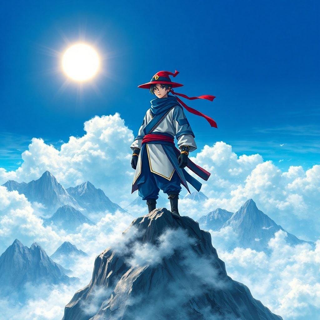 This anime-inspired wallpaper features a young ninja warrior standing on a mountain peak, surrounded by wispy clouds. The warrior's outfit is a mix of blue and white with a red hat, a black hat, and a black hat, creating a striking contrast against the deep blue sky. The sun shines brightly in the upper left corner, adding a touch of warmth and energy to the scene.