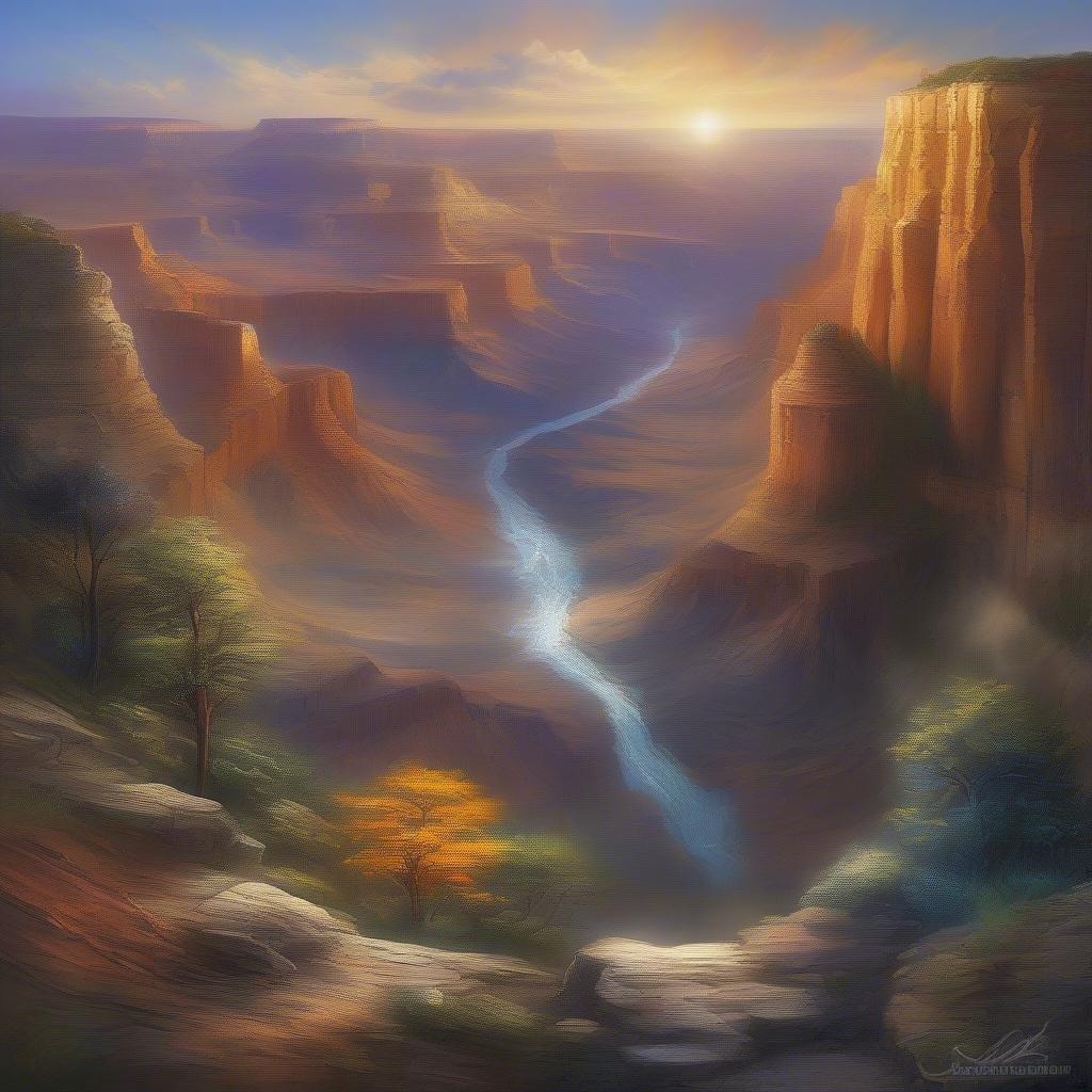 A serene and peaceful scene of a canyon at sunset, with a river running through it and surrounded by trees and rocks.