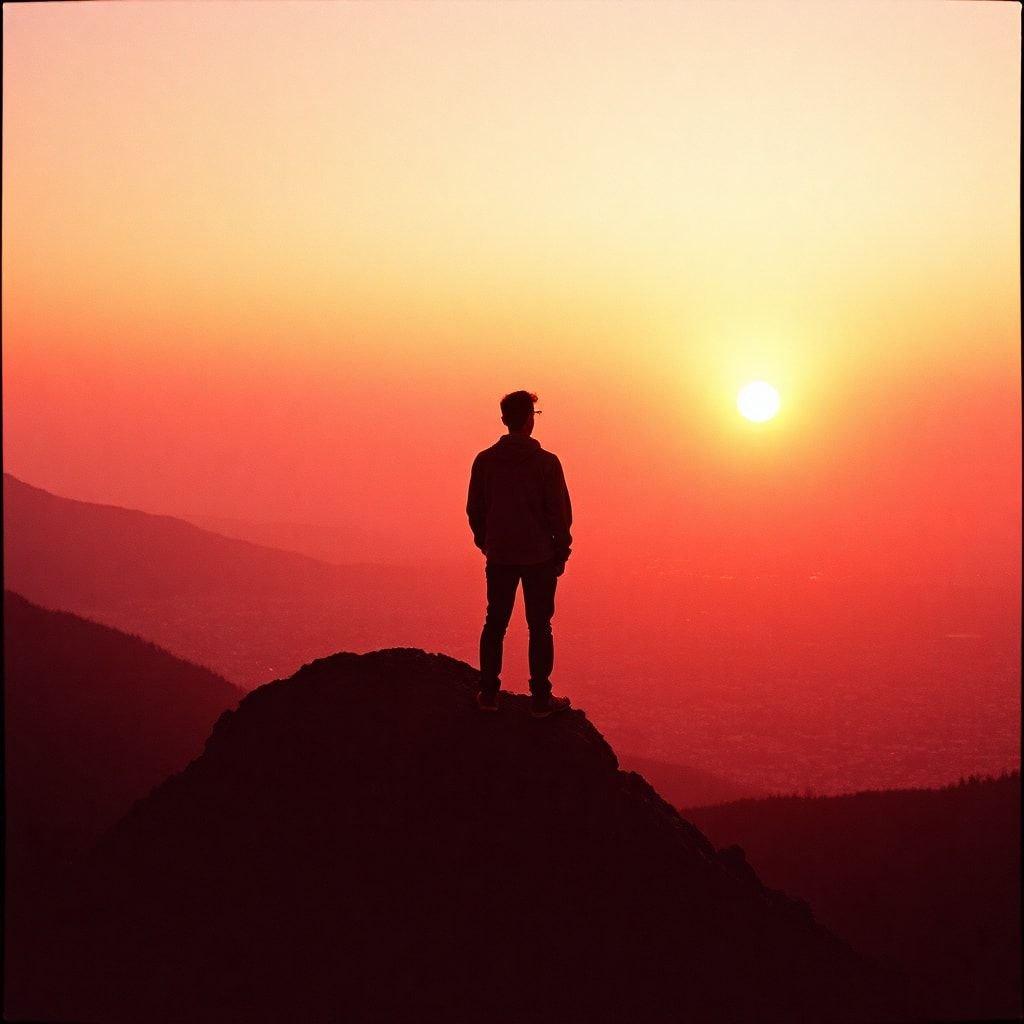 A man standing on top of a mountain peak, witnessing the breathtaking sunrise over distant mountains. This captivating wallpaper is perfect for kickstarting your day with inspiration and natural beauty.