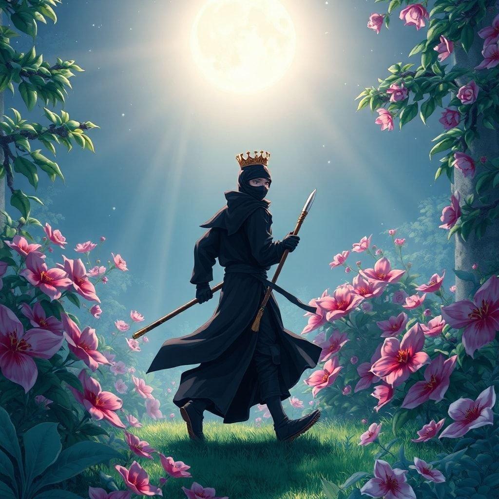 Step into a world of fantasy and adventure with this captivating anime-style illustration of a ninja warrior strolling through a serene garden under the moonlit night sky.