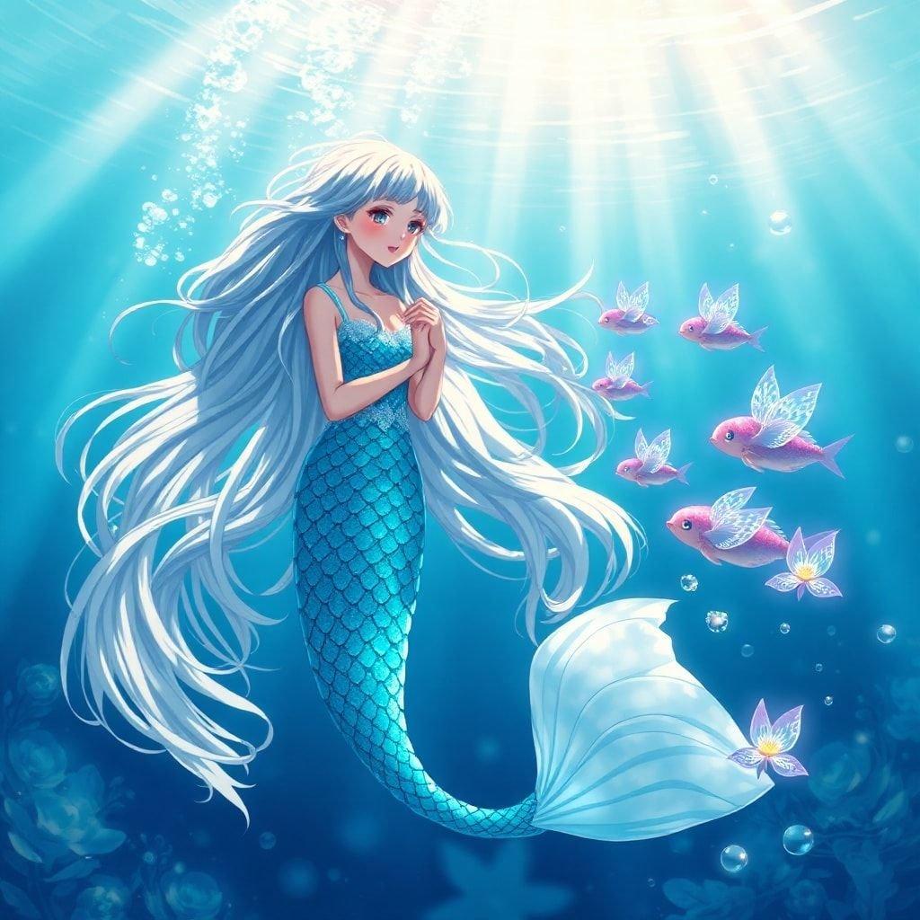 Questa incantevole illustrazione anime presenta una affascinante principessa sirena che canta sott'acqua, circondata da una cascata di capelli e dal misterioso coro delle ninfe marine. L'illustrazione cattura un momento di tranquillità, con un focus sulla presenza aggraziata della sirena e il coro affascinante delle ninfe marine che aggiunge un tocco magico a questa scena subacquea.