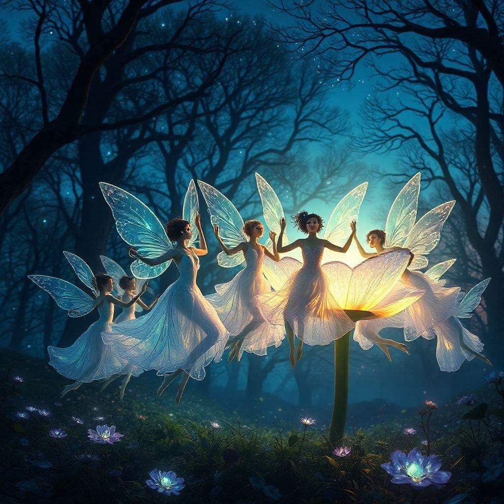 This fantasy wallpaper features a magical scene of fairies dancing in the forest. The fairies are dressed in flowing white dresses and have delicate wings that shimmer in the moonlight. They dance around a glowing flower, surrounded by tall trees and a starry sky.