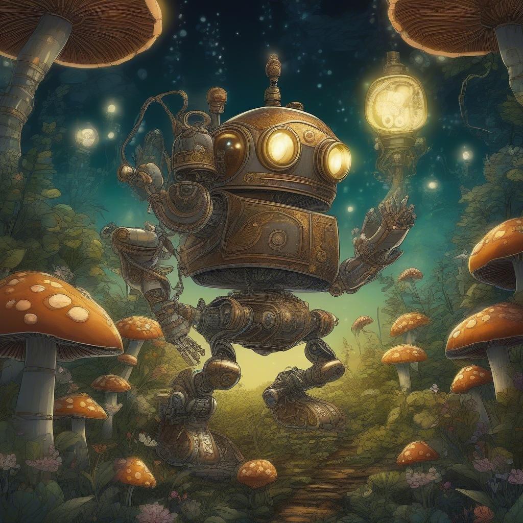 Anime'den ilham alan bir steampunk macerası bu fantastik duvarda açığa çıkıyor. Merkez figür, keşif ve entrika için donatılmış, capcanlı bir şekilde tasarlanmış bir robottur. Büyülü bahçede maceraya atılan türünün ilk örneği gibi görünüyor; parlayan mantarlar sahneye sihirli bir dokunuş katıyor.