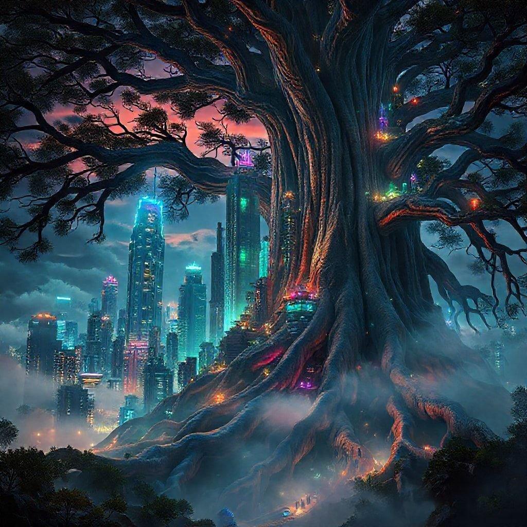 This sci-fi landscape wallpaper depicts a futuristic city nestled in the heart of a lush forest, blending nature and technology in a visually stunning way.