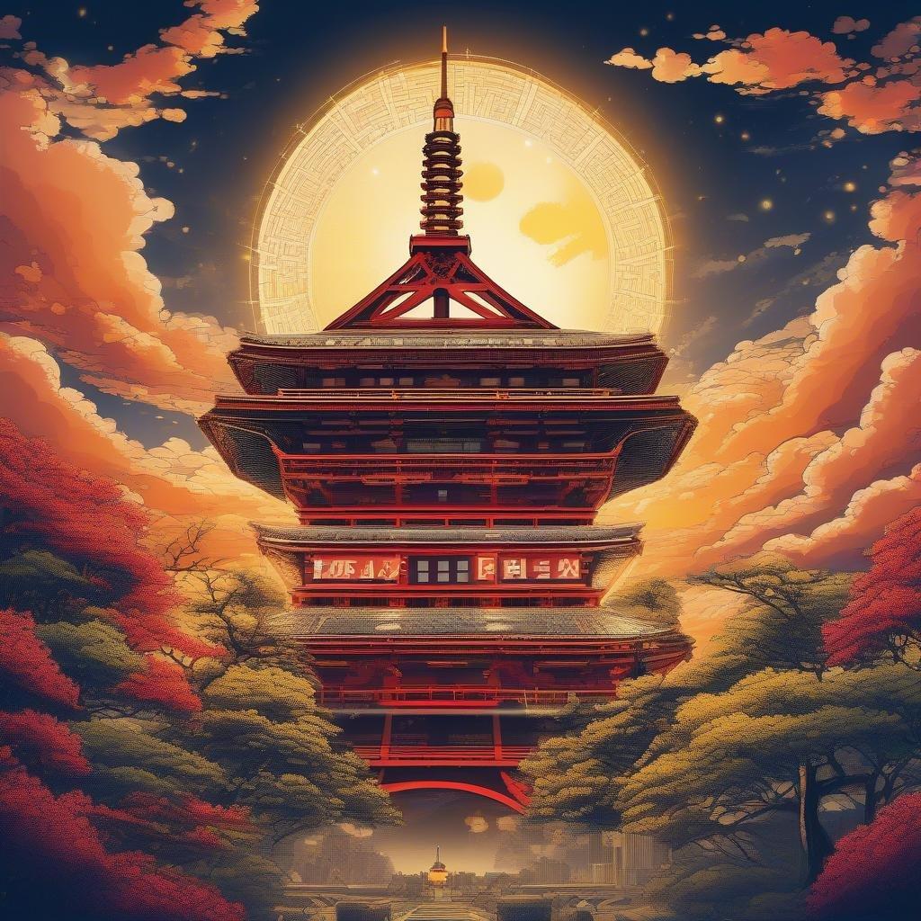 Experience the mystique and beauty of ancient Japanese scripture in this anime-inspired wallpaper. The character of a rising giant kanji dominates the skyline, its intricate patterns glowing against the backdrop of Tokyo Tower. The kanji's face is a striking blue with a red nose, and the eyes shine bright yellow, adding a magical touch to the scene. The halo effect from the tower's light source enhances the illumination of the details on the character, creating a captivating centerpiece for your desktop or mobile wallpaper.