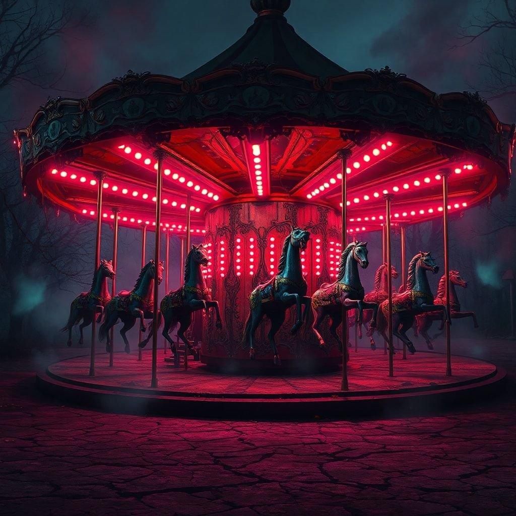 Get ready for a thrilling Halloween ride with this spooky carousel wallpaper. Perfect for desktop and mobile devices, this eerie yet captivating image is sure to set the mood for the spookiest night of the year.