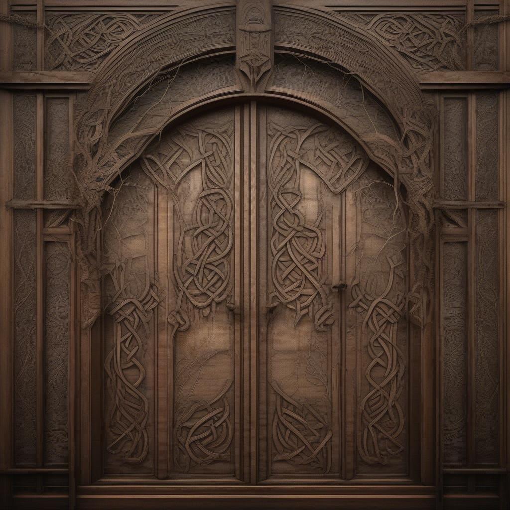 Questa intricatissima porta in legno è una testimonianza della ricchezza e della complessità dell'arte celtica. I nodi intrecciati e i motivi animali stilizzati sono caratteristici del design celtico, spesso associato all'eredità irlandese.