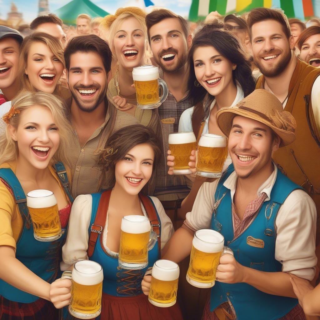 A lively crowd at an Oktoberfest celebration, all smiling broadly as they enjoy their beer.