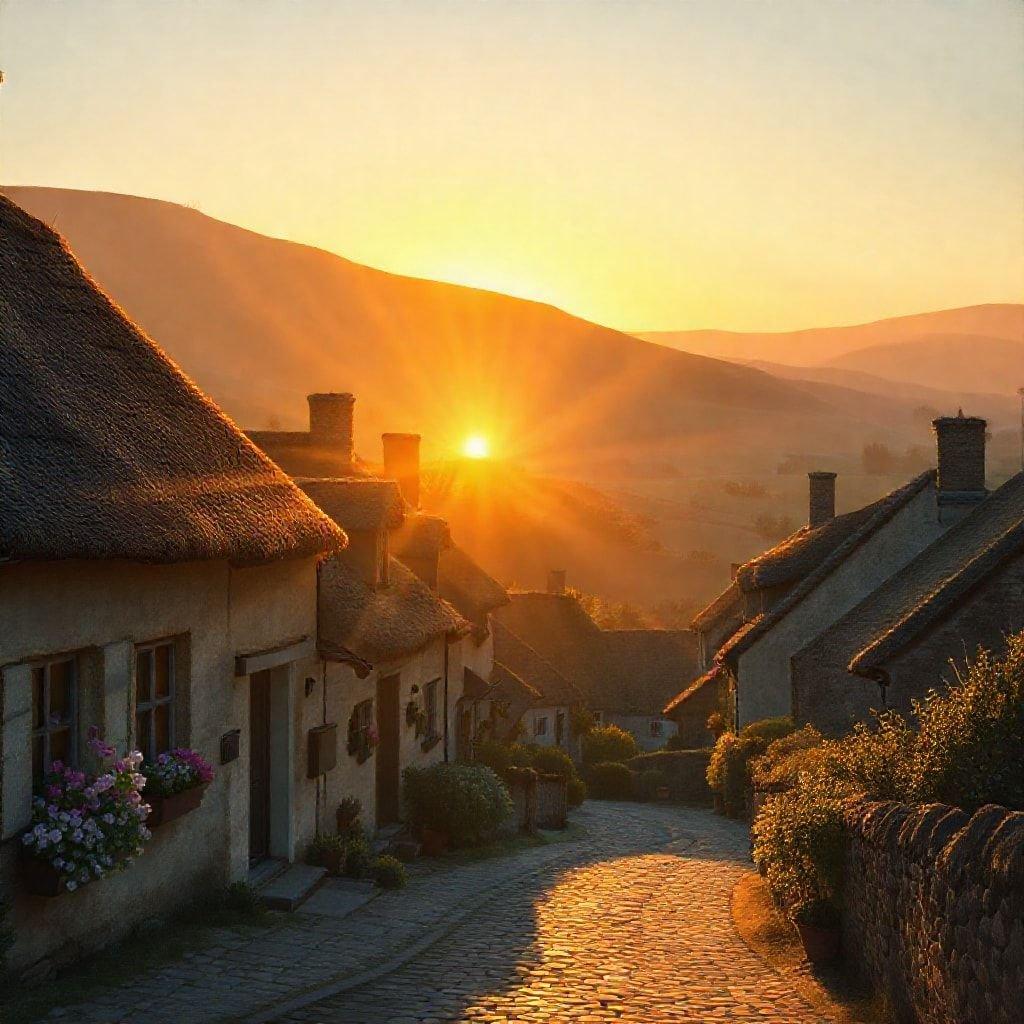 A beautiful sunset in a quaint village, with rolling hills and a peaceful atmosphere.