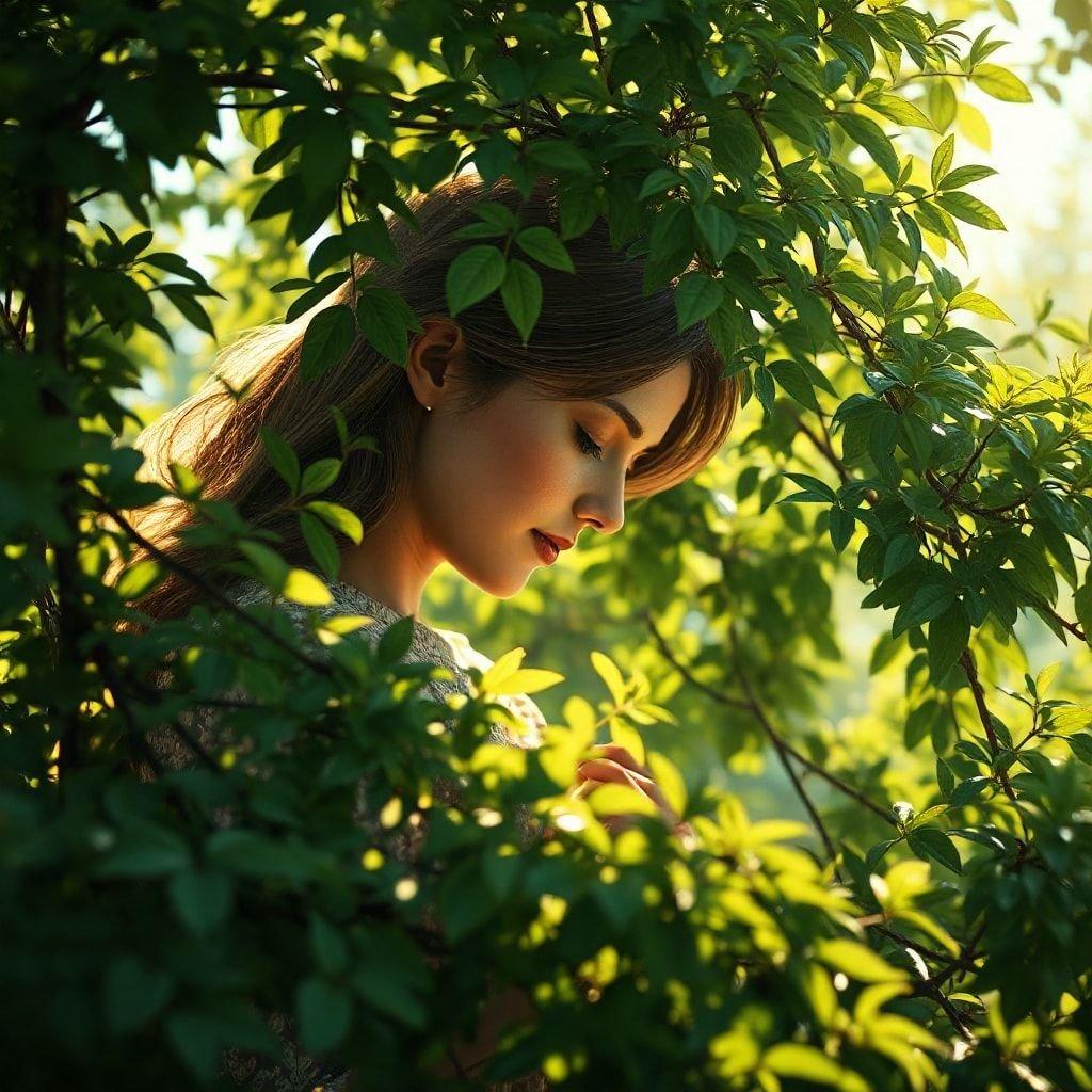 Enjoy a serene Mother's Day with this beautiful image of a woman surrounded by the beauty of nature. Immerse yourself in the tranquility and tenderness of motherhood amidst the lush greenery.