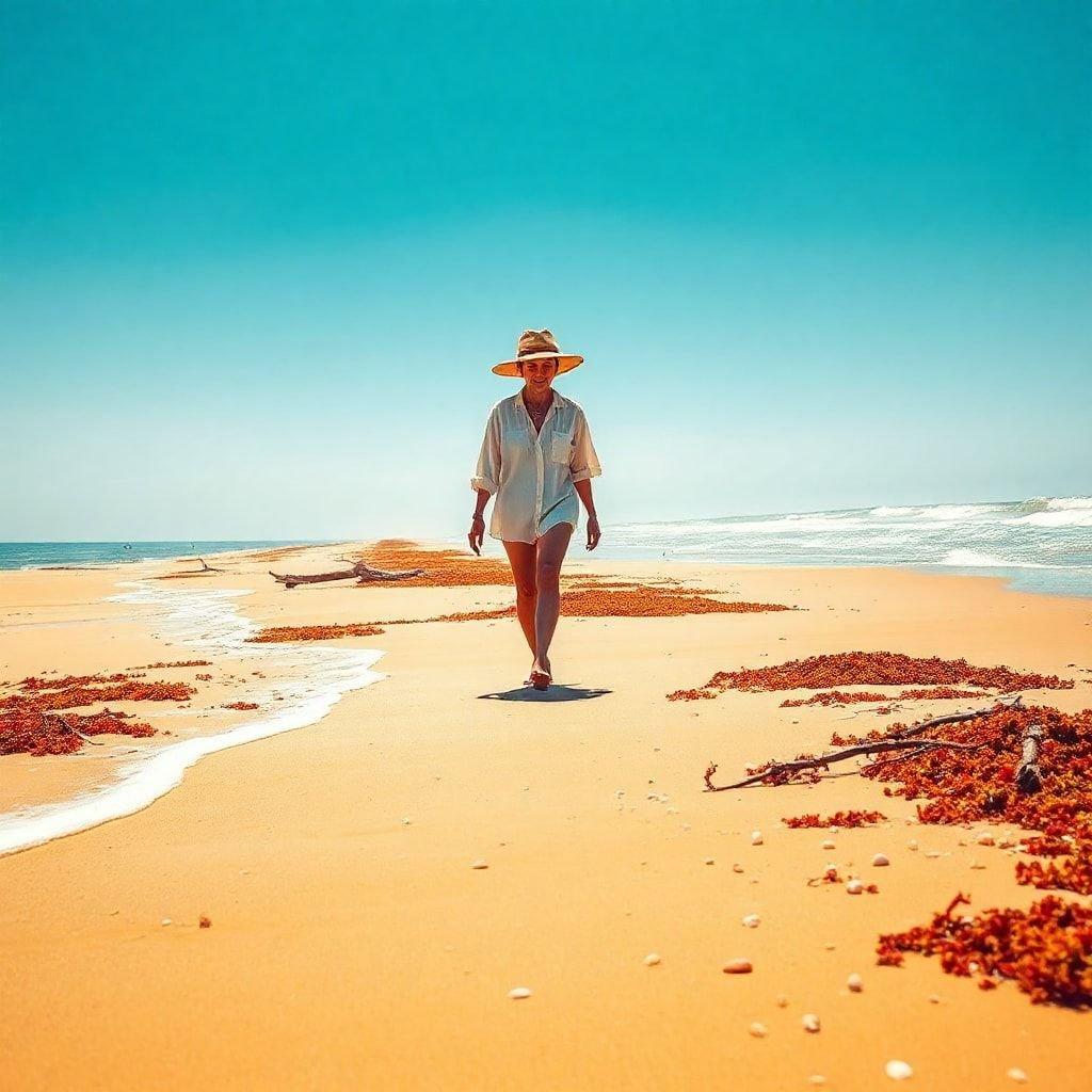 A woman in a sun hat takes a leisurely stroll along the beach, feeling the warmth of the sand beneath her feet and enjoying the tranquil seaside ambiance.