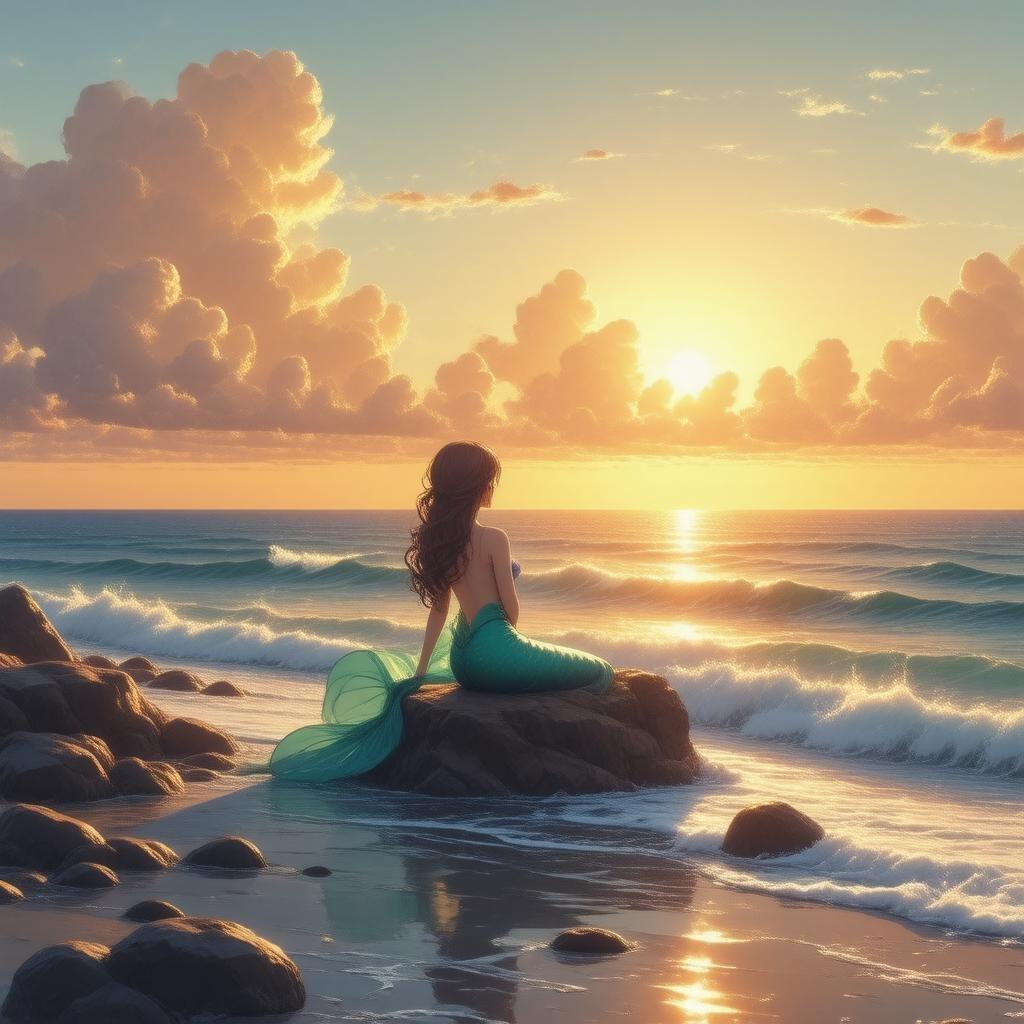 A breathtaking anime scene of a mermaid enjoying the tranquility of the ocean's edge as the sun dips below the horizon. The soft orange and yellow hues of the sky cast a warm glow over the scene, contrasting with the cool blues of the water.