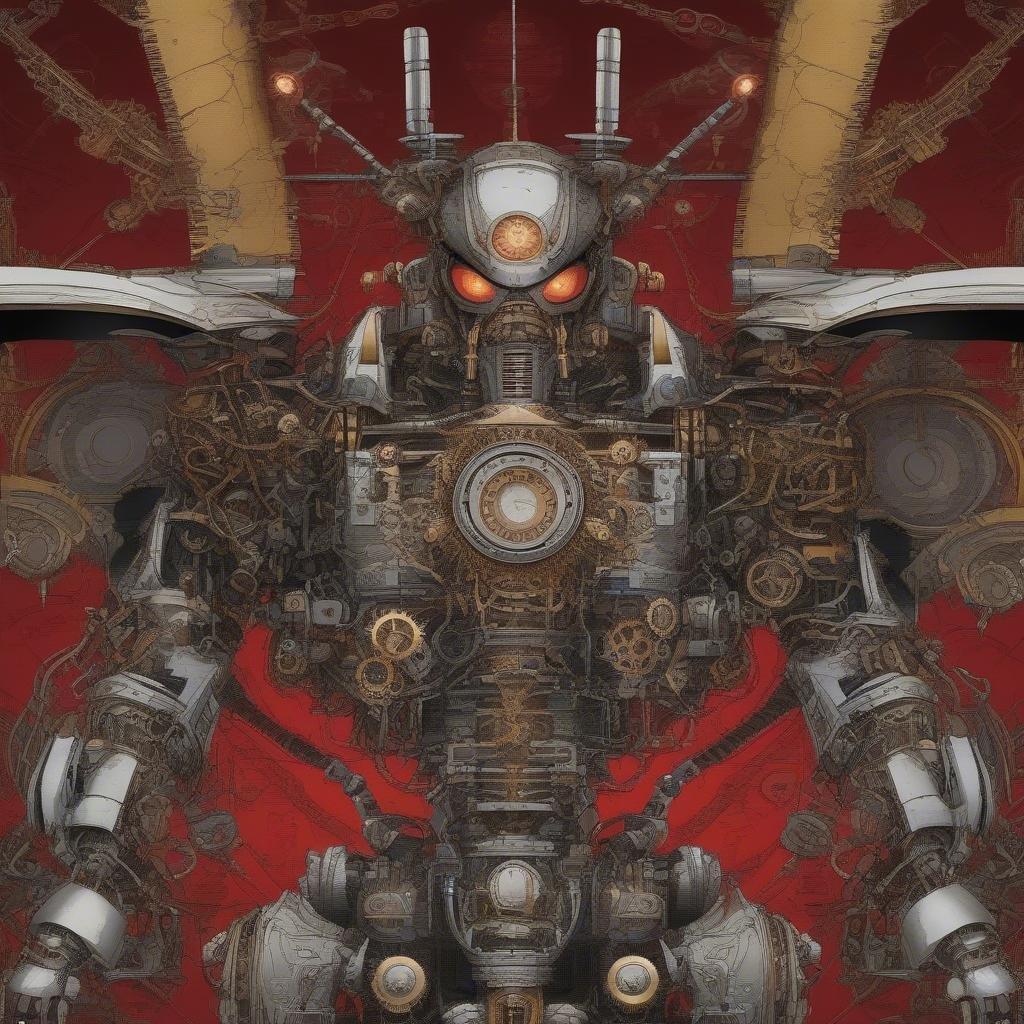 En dynamisk anime-illustration av en robot som står utmanande mot en hord av mekaniska trollsländor. Den intrikata steampunk-rustningen och robotens intensiva röda ögon gör denna bakgrund till en dröm för teknikälskare inspirerade av fantasi.