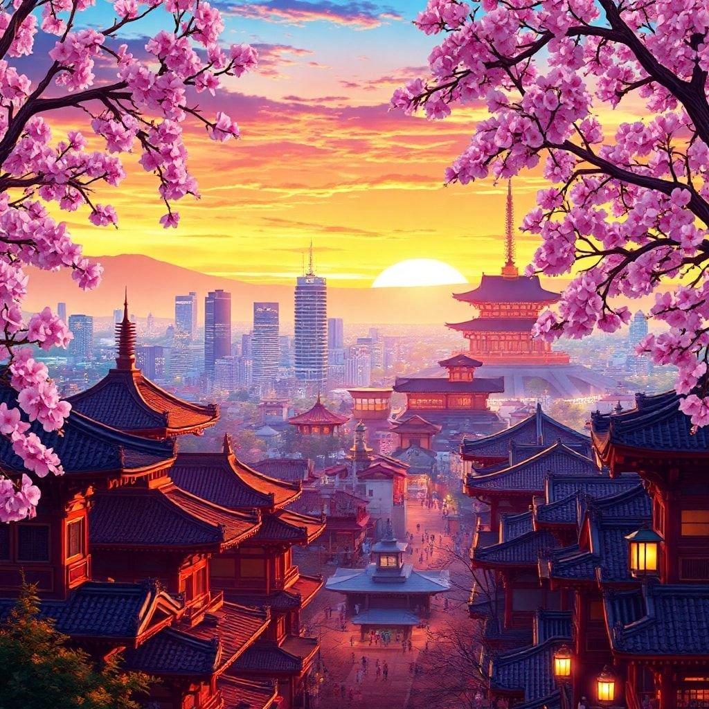 Experience the serene beauty of an anime cityscape at sunset, where ancient temples and bustling city life blend in perfect harmony.