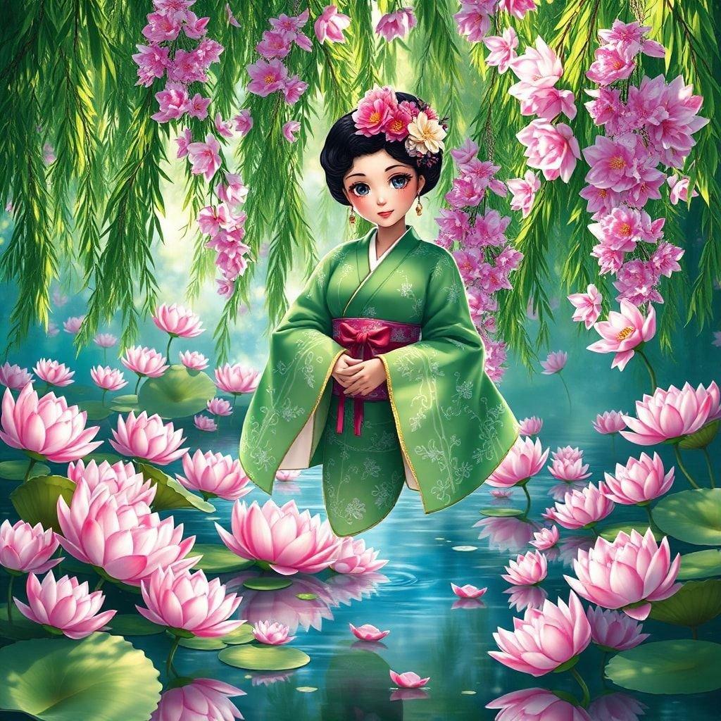 Este belo papel de parede de anime apresenta uma geisha flutuando em um lago tranquilo, cercada por uma paisagem exuberante de flores de lótus. A geisha é de um verde vibrante, com um grande rosto expressivo, cercada por um caleidoscópio de cores, criando uma cena parecida com um anime.