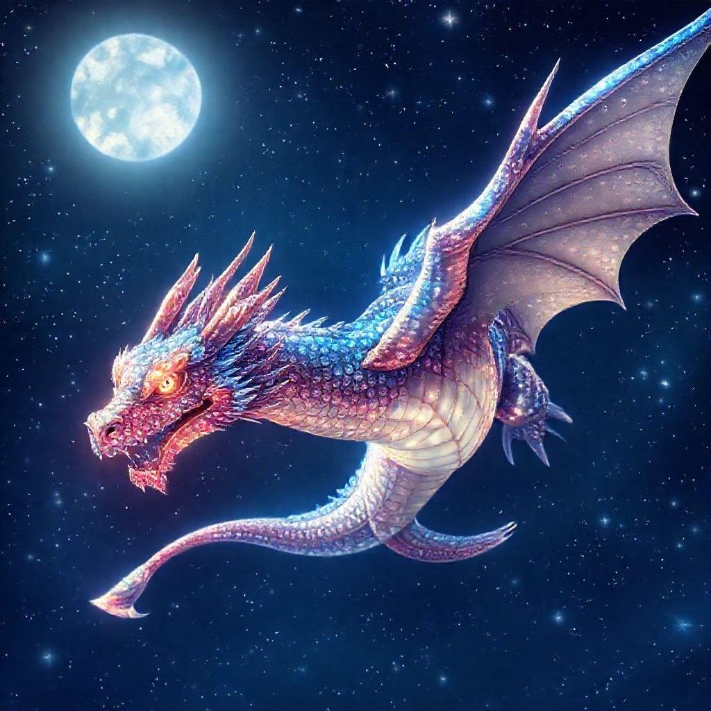 Questa straordinaria illustrazione digitale cattura l'essenza della fantasia e dell'avventura, con un maestoso drago che vola attraverso un cielo notturno stellato. Le squame luccicanti del drago e il suo sguardo intenso catturano l'attenzione, mentre i suoi dettagli intricati aggiungono un senso di movimento e dinamismo alla scena.