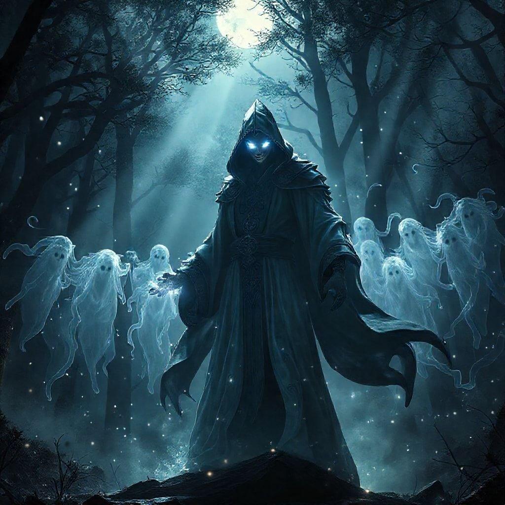 In the dark of night, a sorcerer wields his power over the spectral realm, with the spirits at his command. This image captures the essence of fantasy characters as they navigate through a mystical forest under the glowing moon.