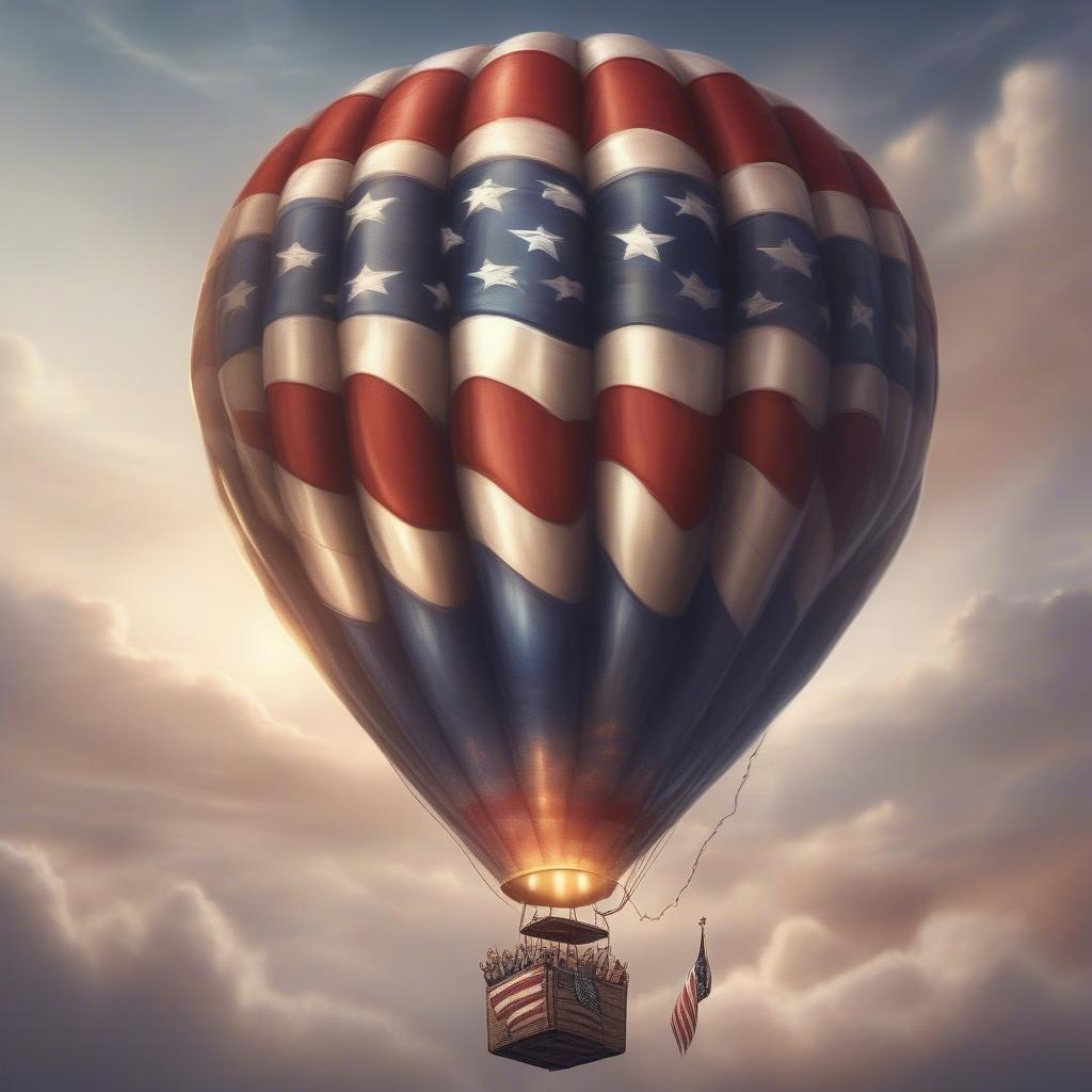 Celebrate freedom with this vibrant wallpaper featuring a hot air balloon in the shape of the American flag, surrounded by fireworks and patriotic colors. Perfect for Independence Day decorations or everyday use.