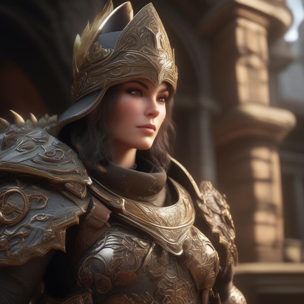 Embark on your quest with the noble warrior, adorned in regal armor that speaks of valor and honor. The golden helm gleams under the light, mirroring her courageous spirit as she stands ready for battle. Will you join her in this epic tale?