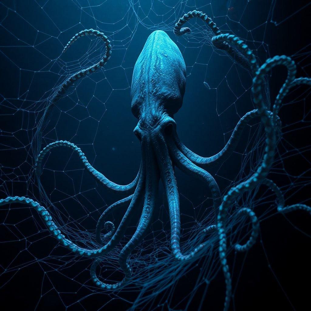 This mesmerizing octopus seems to be caught up in a net, perhaps suggesting an underwater rescue mission. The cool blue tones give the image a chilly, deep-sea feel.