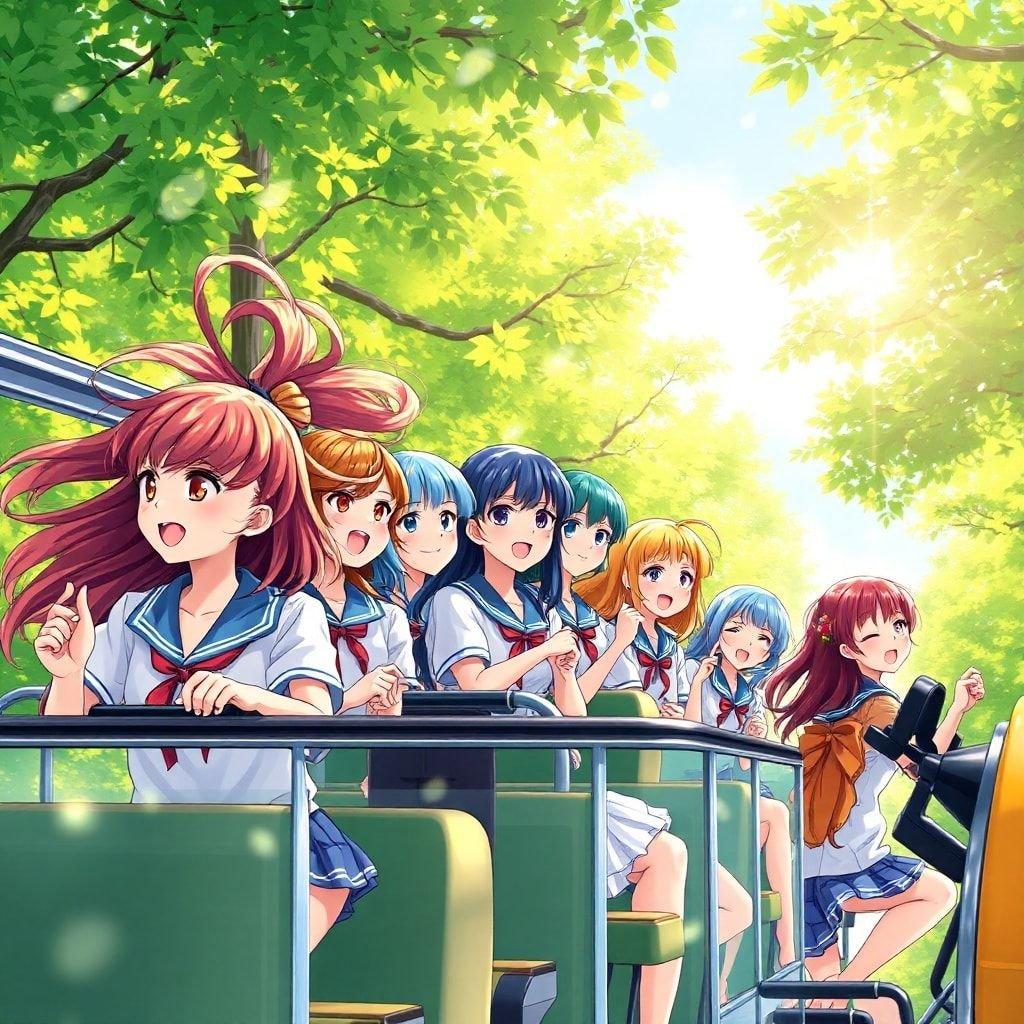 Get ready to embark on a magical journey with this captivating anime wallpaper featuring a group of schoolgirls riding a school bus.