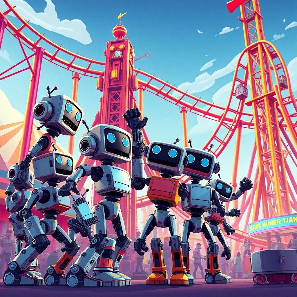 A group of friendly robots enjoying a day out at the amusement park with vibrant rides and games.